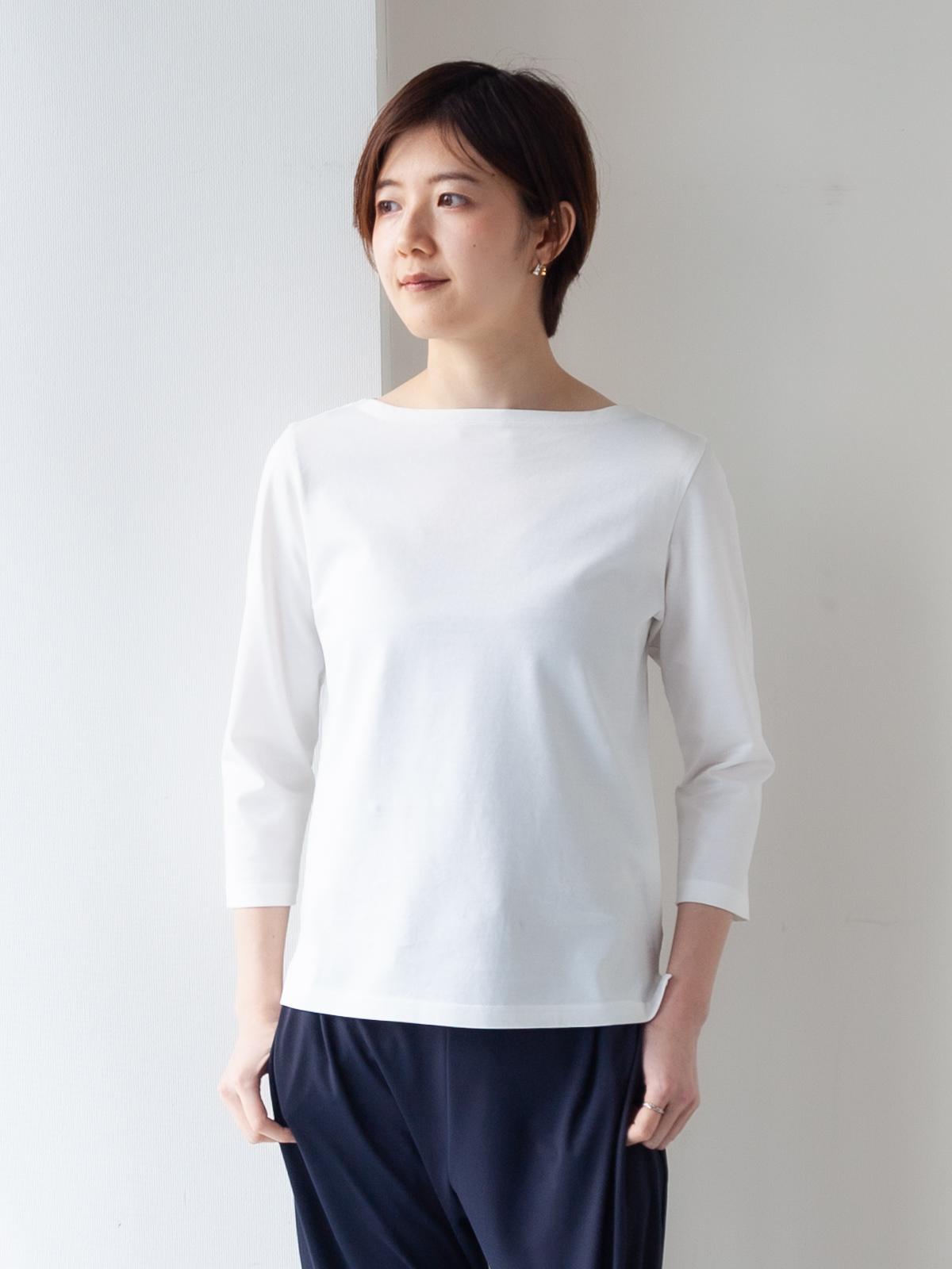 上質コットン100%のドレスTシャツ/ボートネック七分袖/ホワイト